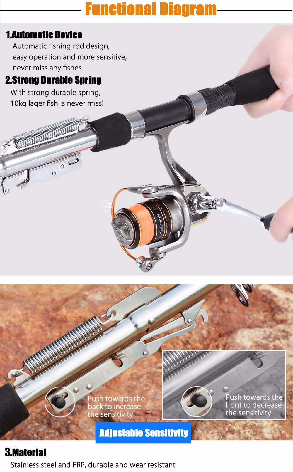Automatic Fishing Rod High Quality Fish Pole 1.8M 2.1m 2.4m 2.7m  Sea River Lake Stainless Steel Fishing Rod spinning telescopic