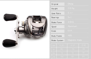 Ruke Fishing Reel Casting Reel Gear Ratio 5.1 :1 Aluminum Spool Magnetic Brake Bearing 5+1 EVA Knob 218g Max Drag 4.5KG