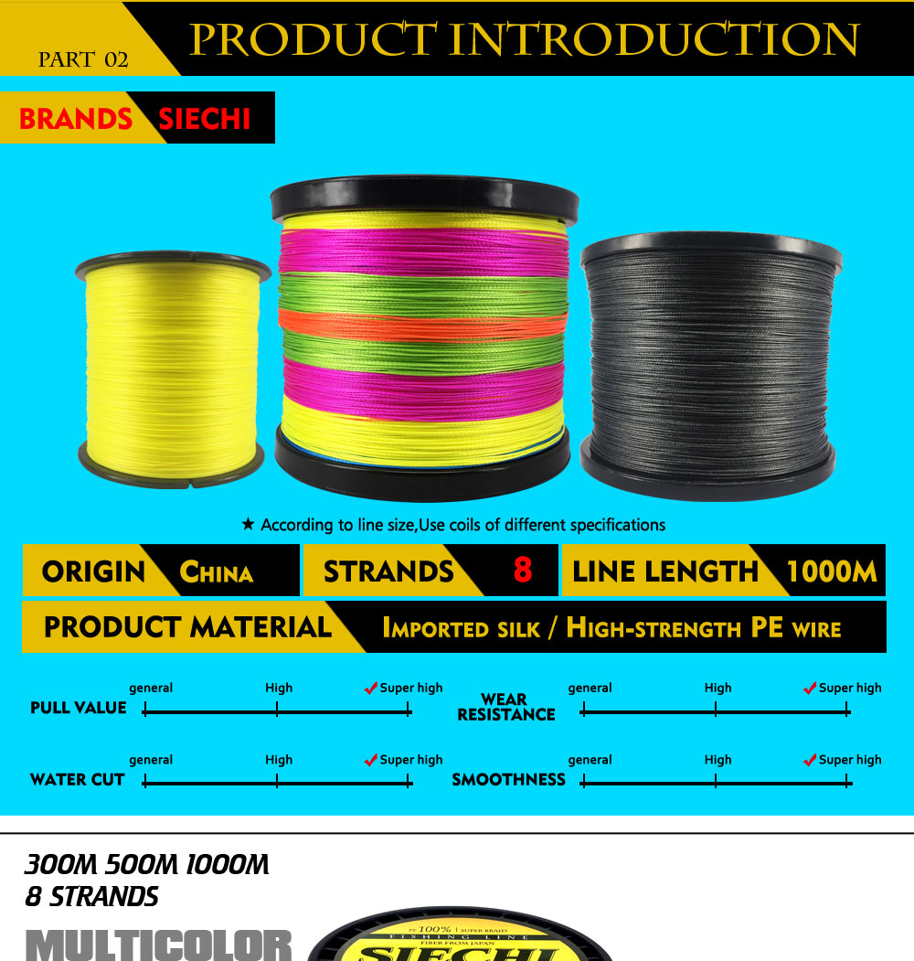 SIECHI 8 Strands 1000M 500M 300M PE Braided Fishing Line tresse peche