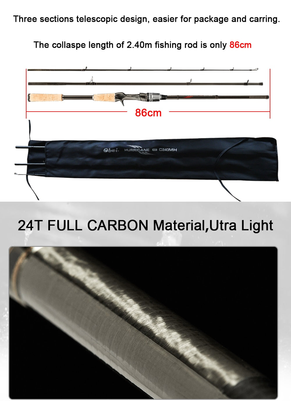 Obei HURRICANE 1.8m 2.1m 2.4m 2.7m 3 section baitcasting fishing rod travel ultra light casting spinning lure 5g-40g M/ML/MH Rod