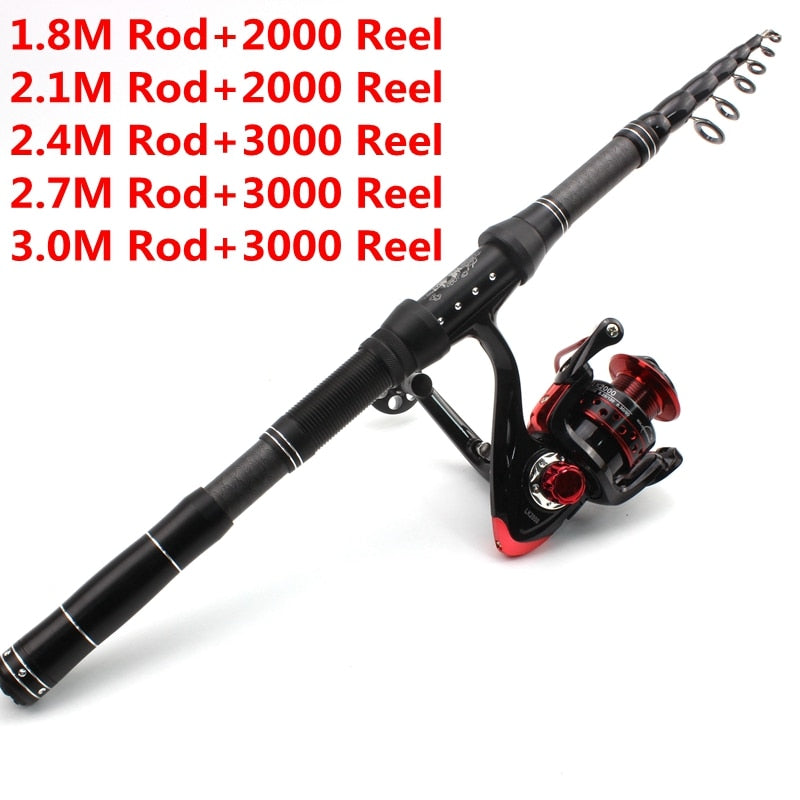 1.8m 2.1m 2.4m 2.7m 3.0m Carbon Fiber Telescopic Fishing Rod Portable Spinning Rod and Spinning Reels Multifunction set